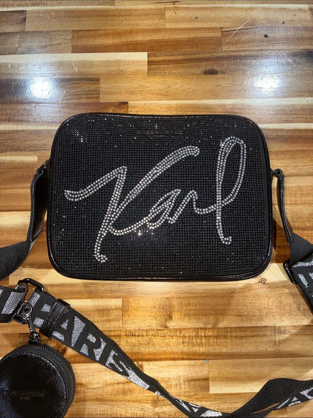 Karl Lagerfeld Black Rhinestone Logo Crossbody with Wide Logo Strap